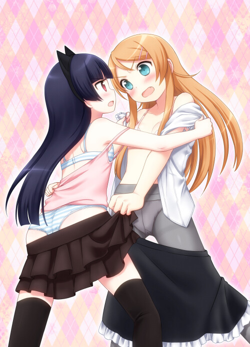 yande.re-164513-bra-gokou_ruri-kousaka_kirino-mani-open_shirt-ore_no_imouto_ga_konnani_kawaii_wake_ga_nai-pantsu-pantyhose-shimapan-thighhighs-undressing.jpg